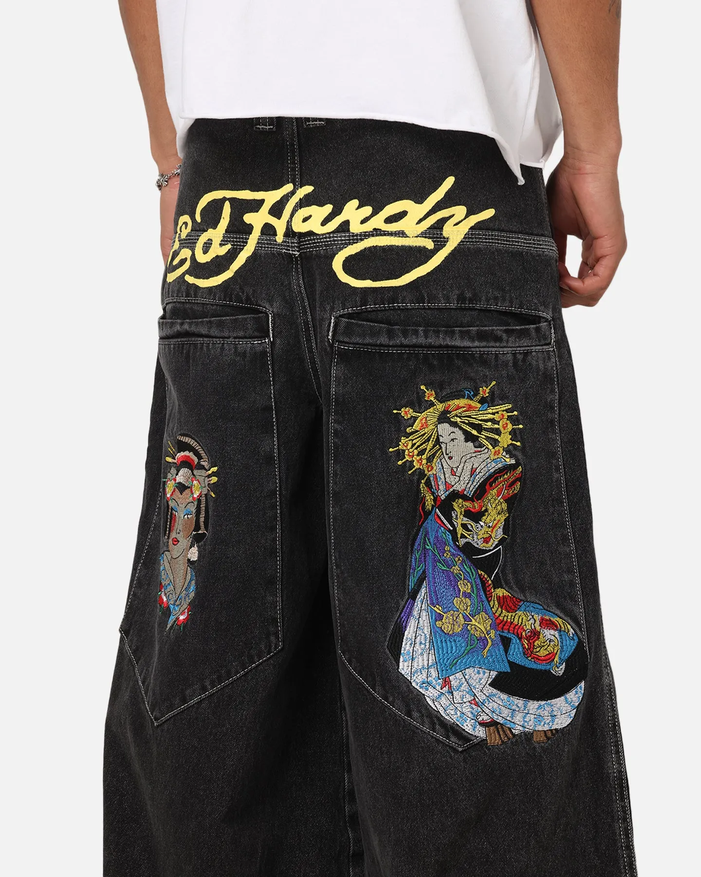 Ed Hardy Ultra Wide Leg Denim Jeans Black/Yellow Low Maintenance Minimalist Daily Wear Loose