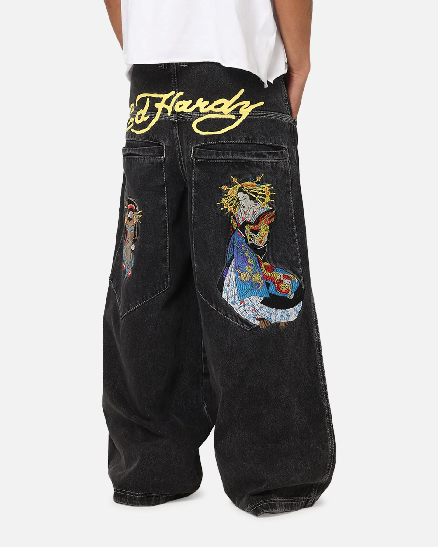 Parent Style Evening Stroll Festival Outfit Base Outfit Ed Hardy Ultra Wide Leg Denim Jeans Black/Yellow