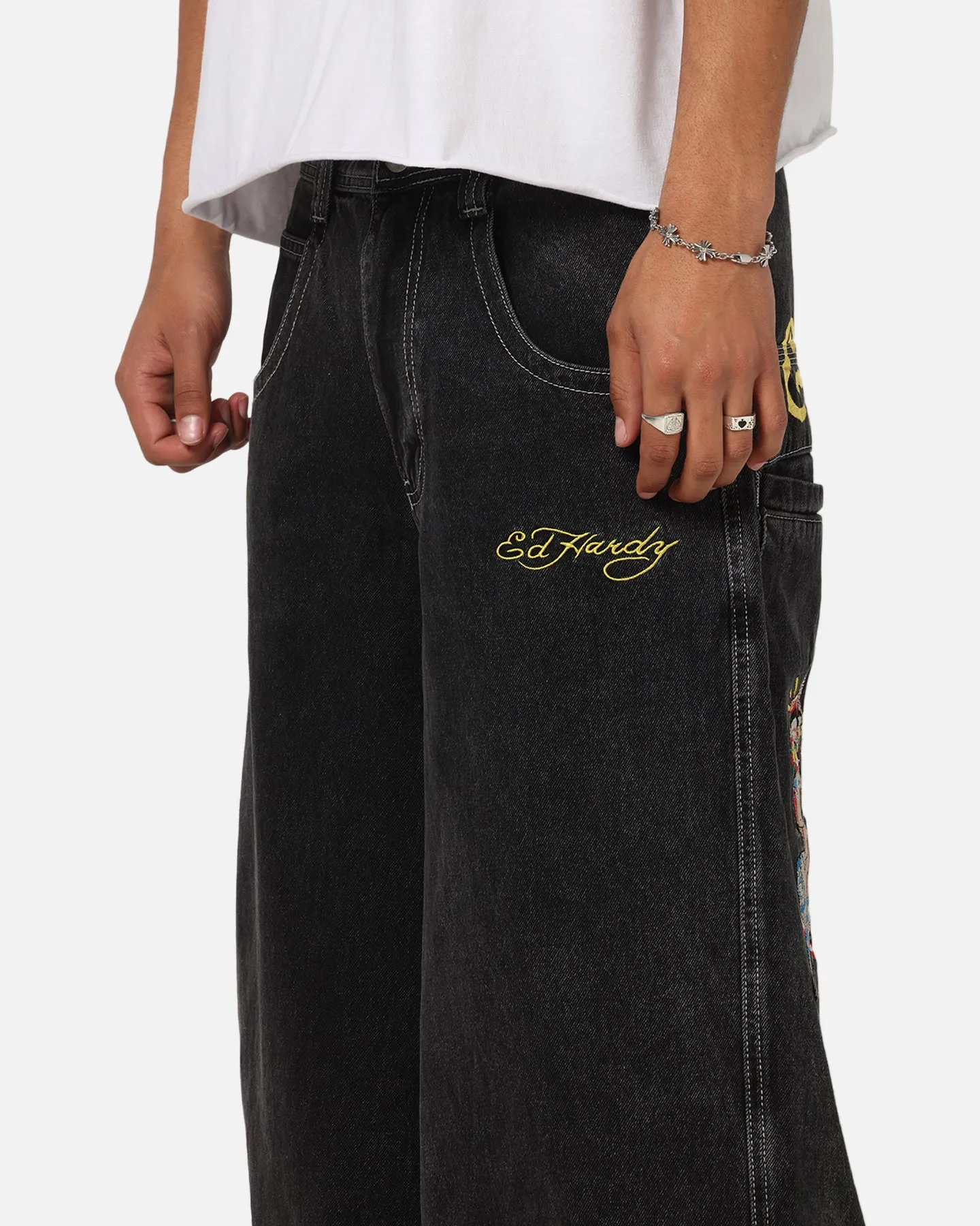 Ed Hardy Ultra Wide Leg Denim Jeans Black/Yellow No Fuss Fit