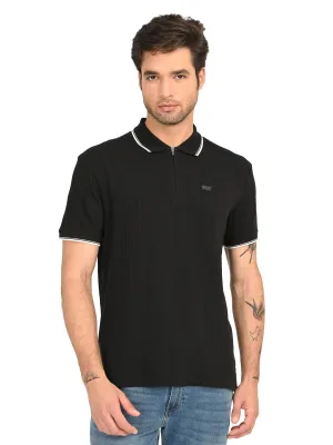 UV Protection Blend Fashion Forward Men's Self Design Black Slim Fit Polo T-Shirt