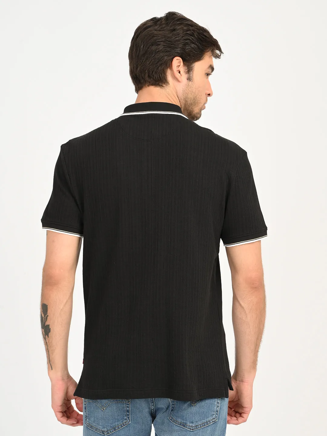 SweatResistant Inner Layer Men's Self Design Black Slim Fit Polo T-Shirt