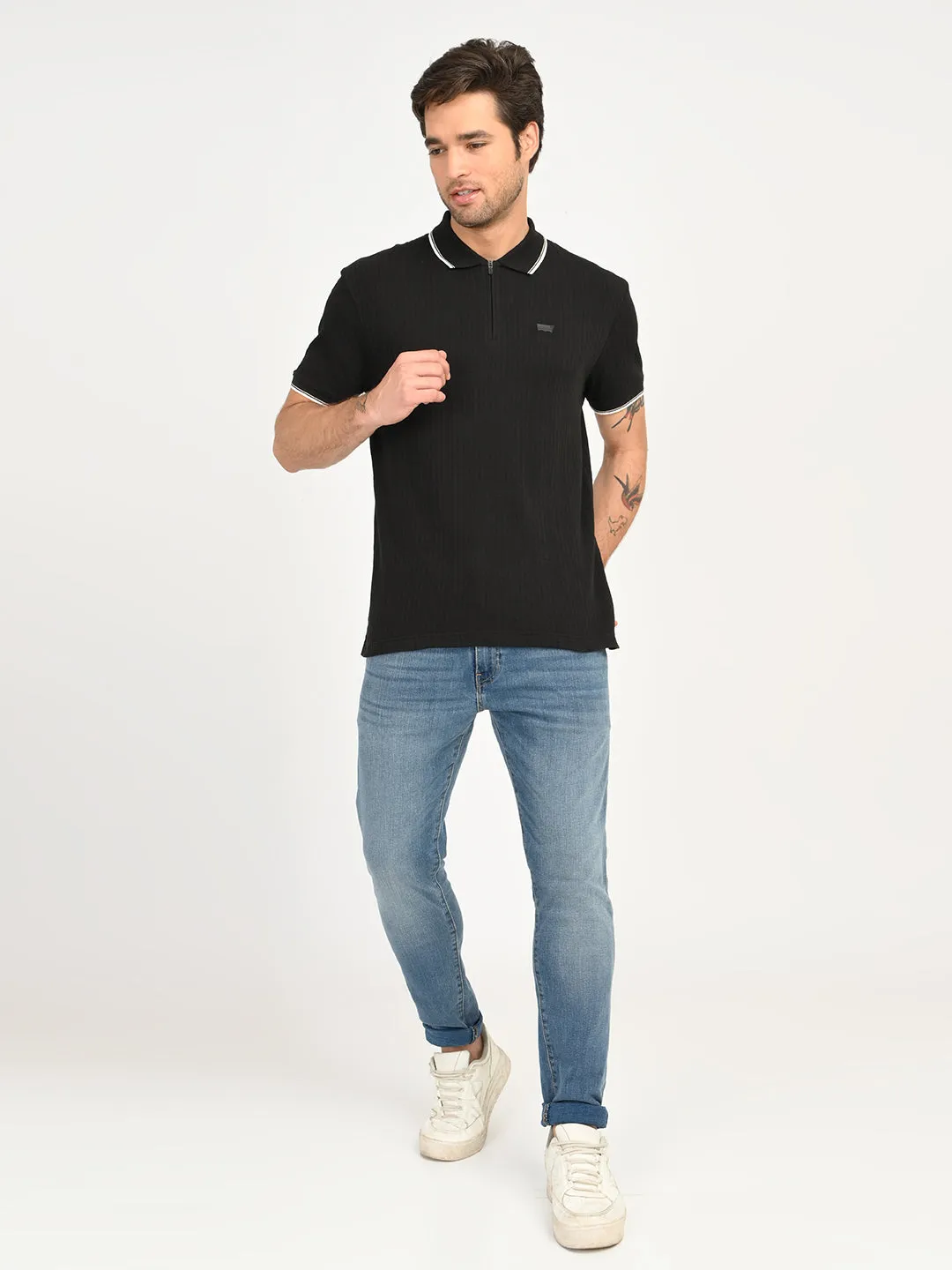 Multi Ply Collar Youthful Appeal Men's Self Design Black Slim Fit Polo T-Shirt