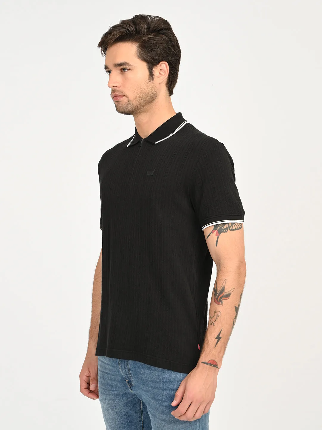 Moisture control quick dry Men's Self Design Black Slim Fit Polo T-Shirt
