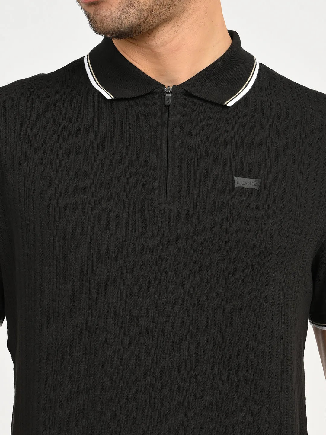 Quick-Dry Fabric Travel Ready Men's Self Design Black Slim Fit Polo T-Shirt