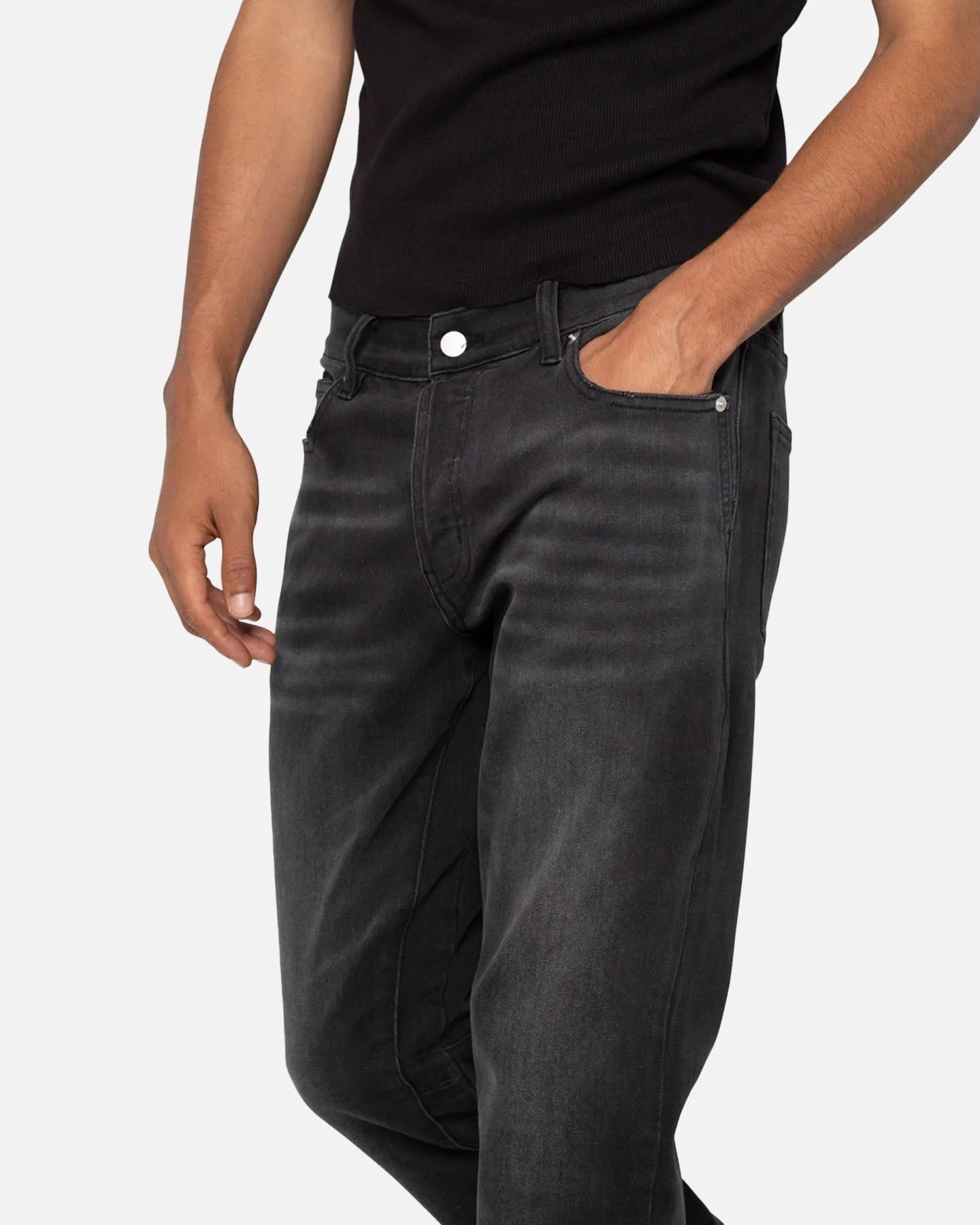 MNML M524 Slim Stacked Denim Jeans Washed Black Comfy Streetwear Fan Music Event Minimalist Style Festival Outfit Loose