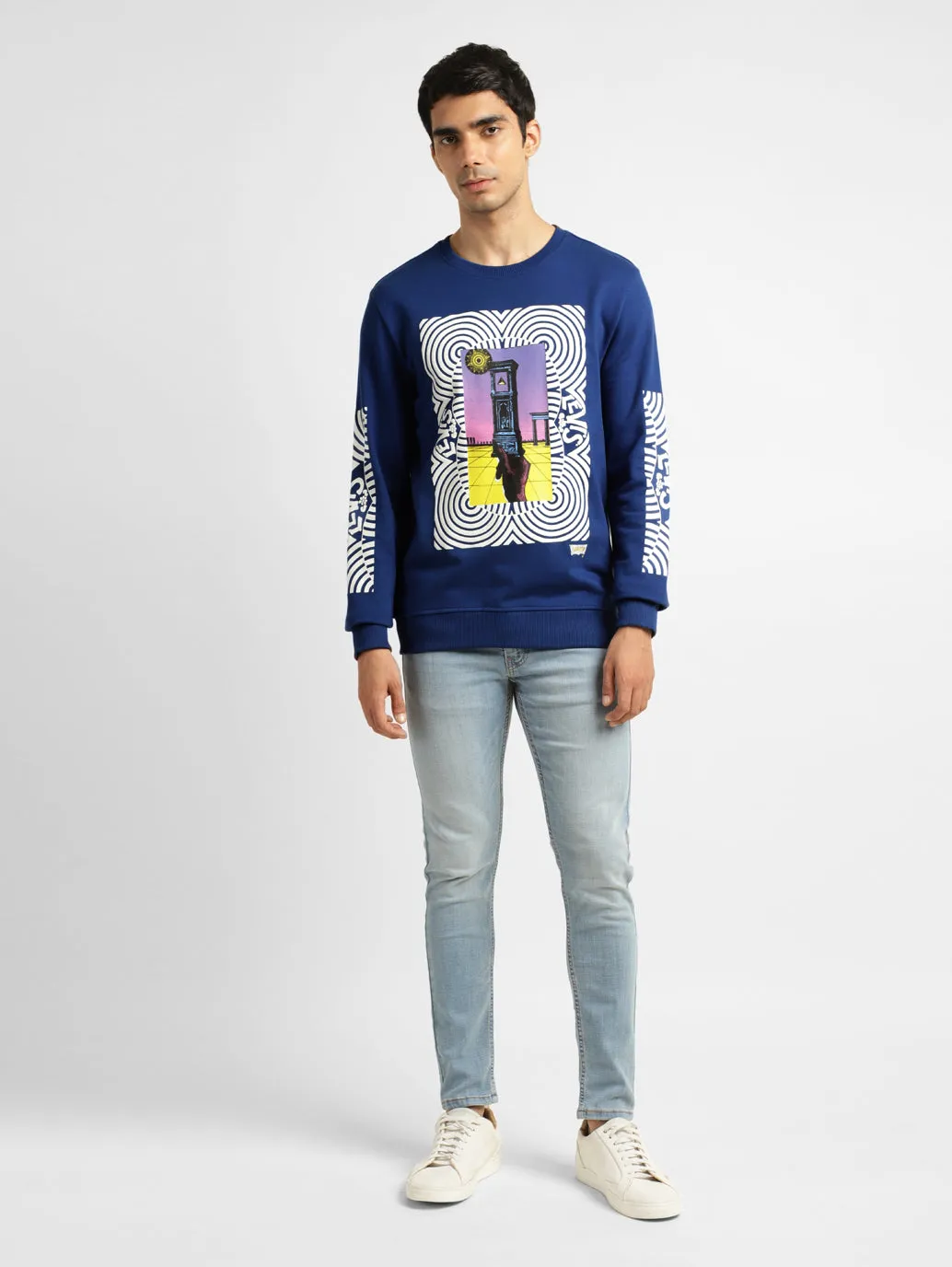 Fade Resistant Men's Solid Blue Crew Neck Sweatshirt