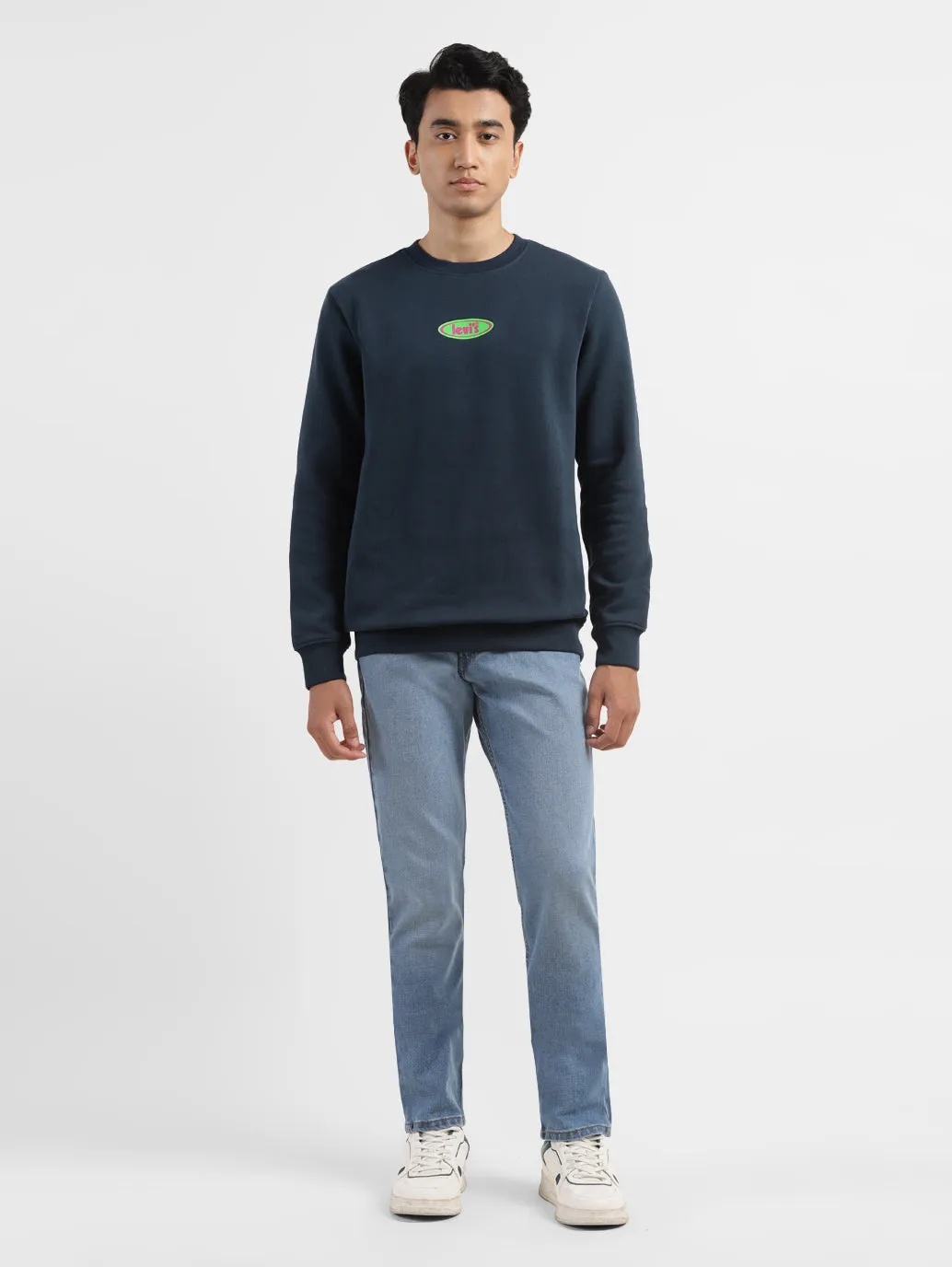 Men's Solid Navy Crew Neck Sweatshirt Wrinkle Free Fabric Dolphin like