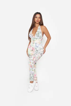 Neutral Sporty Everyday Versatile Graffiti Backless Bodysuit