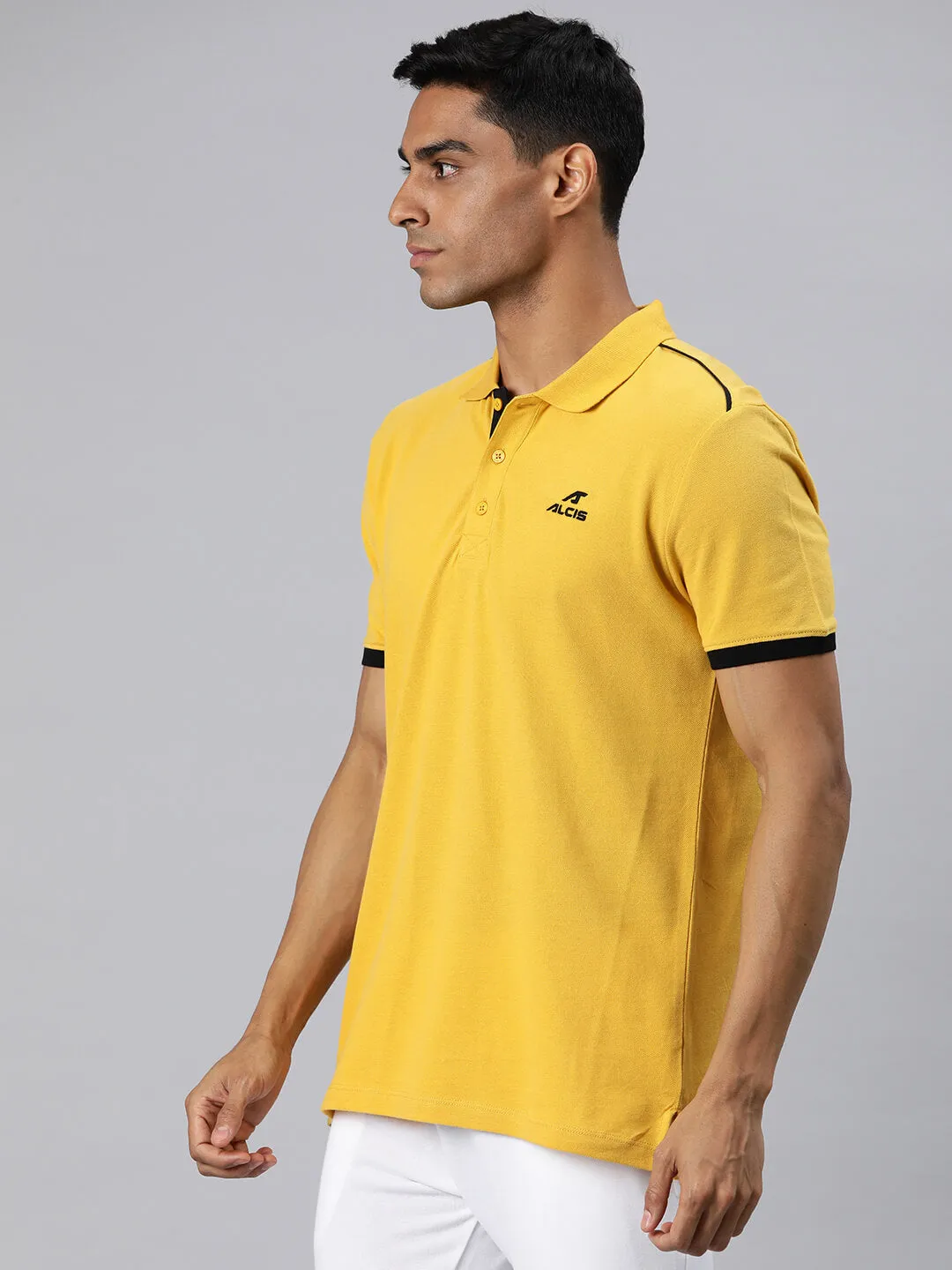 Alcis Men Yellow Polo Collar T-shirt Garment Washed Finish Modern Cut