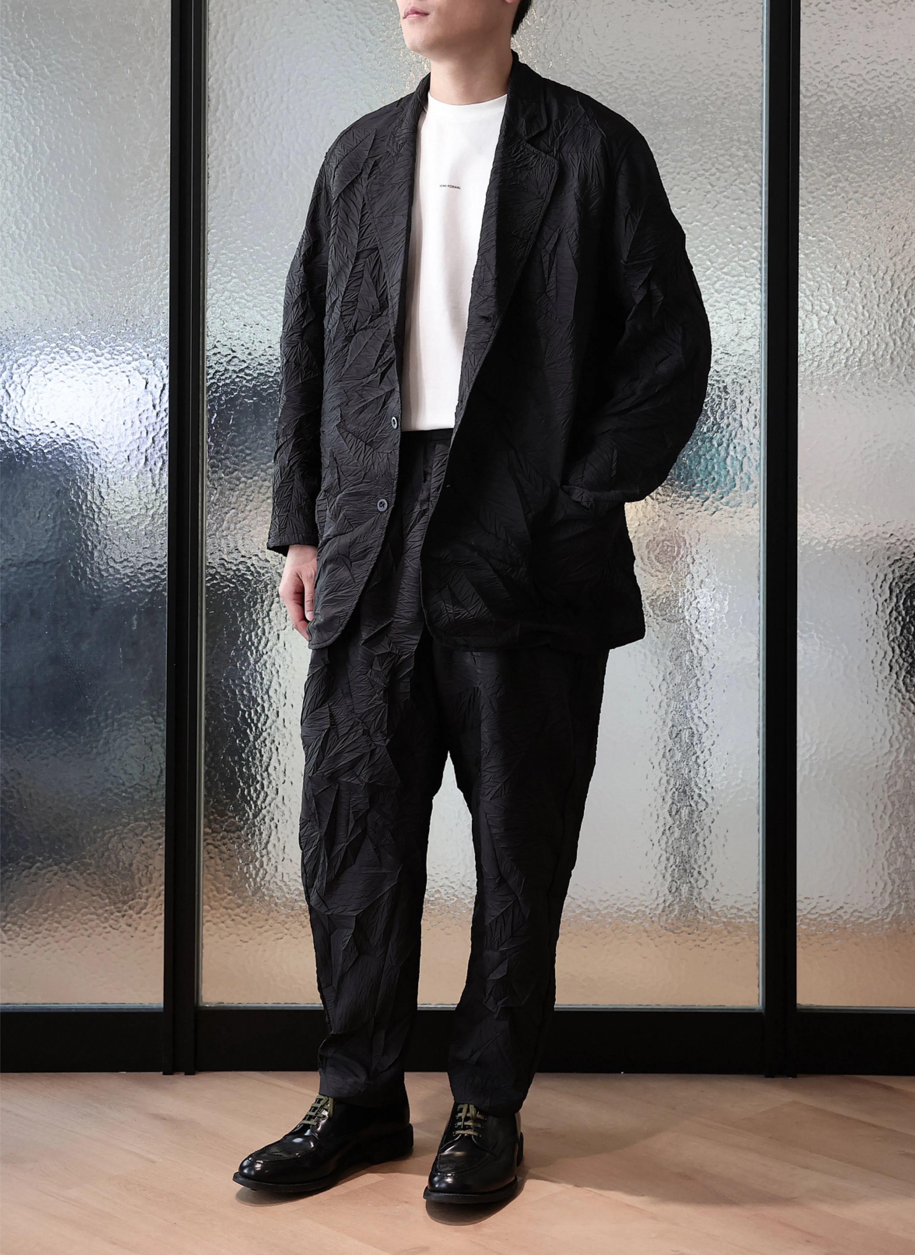 Distort Pleats Polyester Easy Pants Road Look HighCollared Design