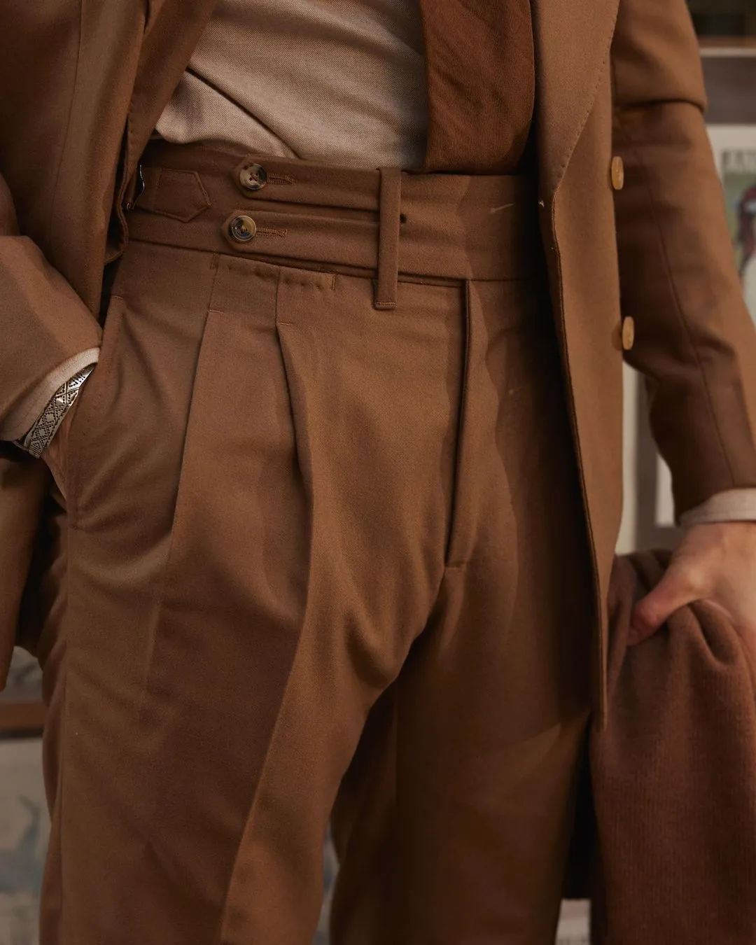 Reinforced Pockets Vitale Barberis Canonico - Sand Wool Flannel High Rise Double Tab Pant