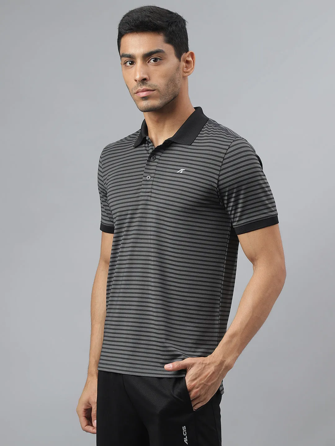 Alcis Men Dark Grey Anti-Static Stretch-X Slim-Fit Running Polo T-Shirt Party Ready Performance Fabric