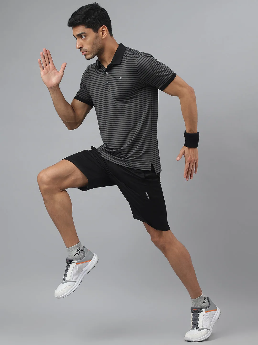 Alcis Men Dark Grey Anti-Static Stretch-X Slim-Fit Running Polo T-Shirt Breathable Underarm Vents