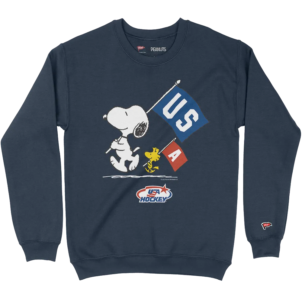Zip Up Style Leisure Apparel Peanuts x USA Hockey Flags Crewneck Sweatshirt