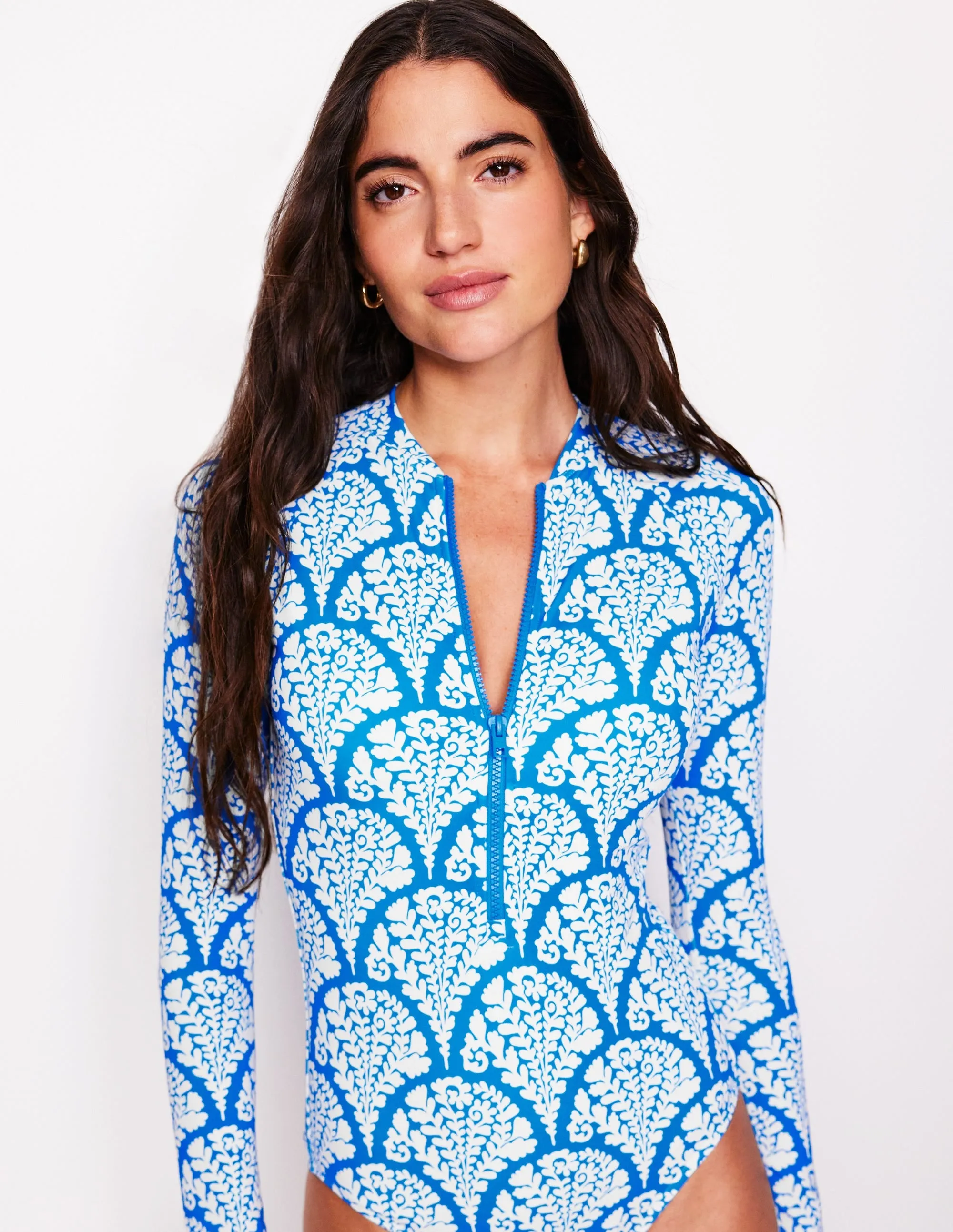 Sporty Raglan Sleeve Swimsuit-Bright Blue, Blossomy Reinforced Grommets UV Protection Fabric