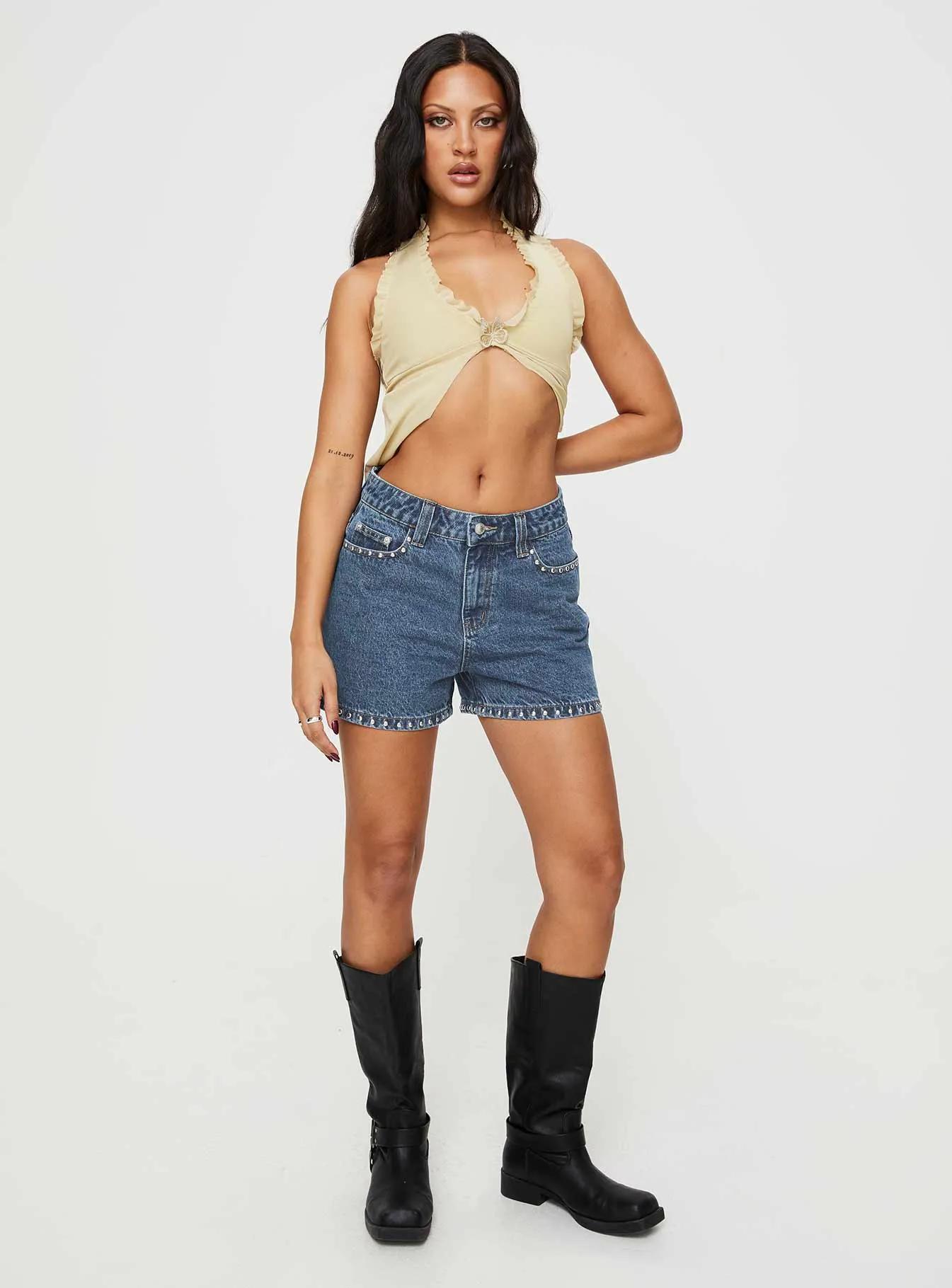 ElasticFree Cuffs EcoFriendly Dye Cassianer Studded Denim Shorts Mid Wash