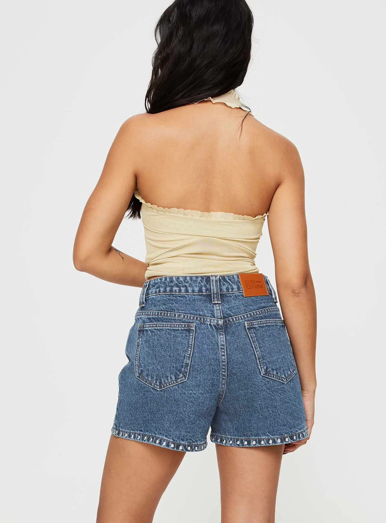 Quiet Luxury Cassianer Studded Denim Shorts Mid Wash
