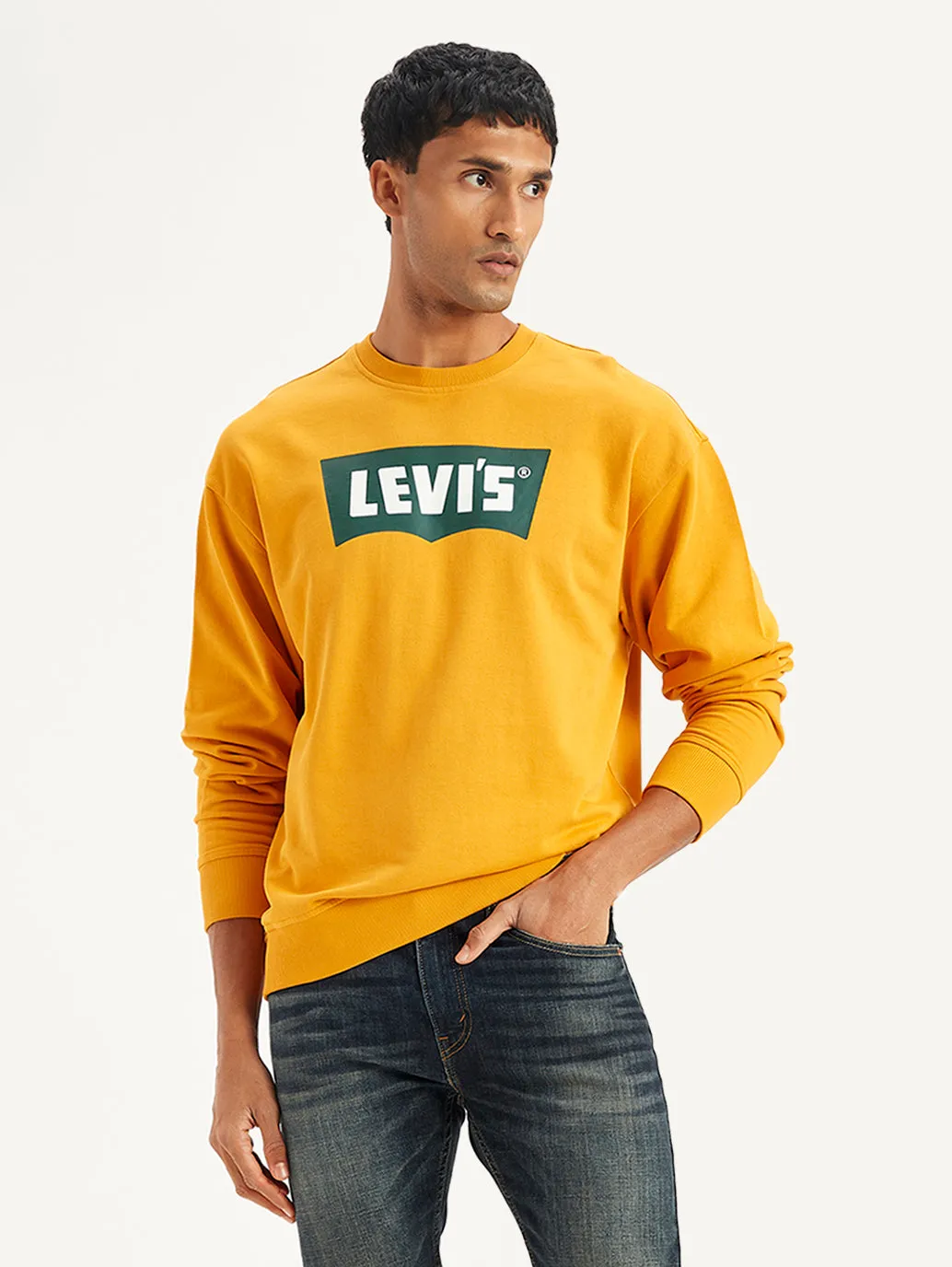 Cotton Blend Men's Brand Logo Yellow Crew Neck Sweatshirt