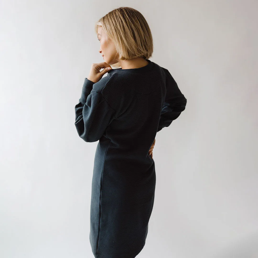 Atlas Ribbed Sweater Dress, Navy Comfort waistband HighDensity Weave