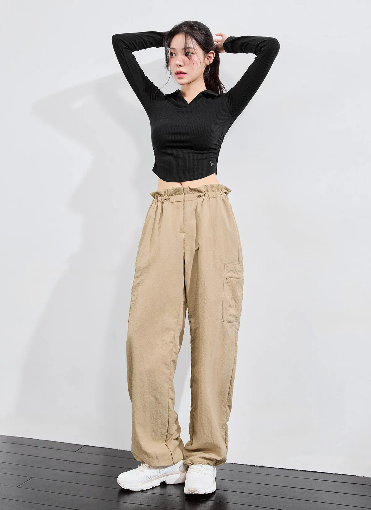 Woven String Cargo Wide Pants UltraSoftFinish StainResistant Fabric