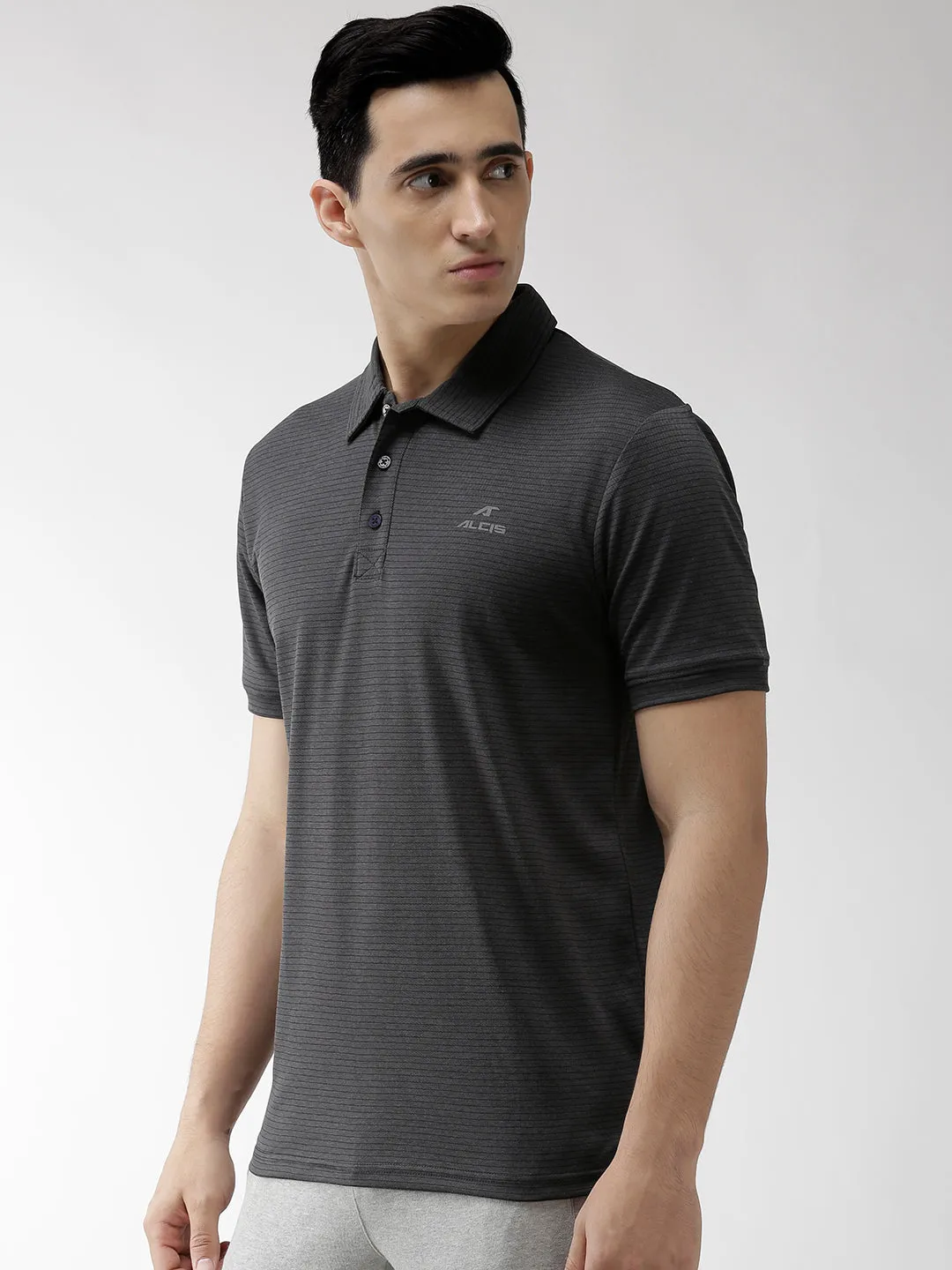 Alcis Men Charcoal Grey Striped Polo Collar Training T-shirt Breathable Polo