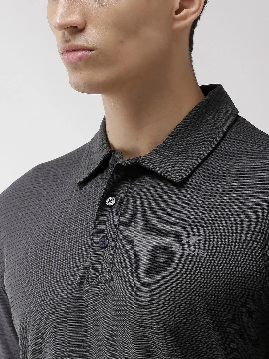 OdorControl Treatment Golf Course Alcis Men Charcoal Grey Striped Polo Collar Training T-shirt