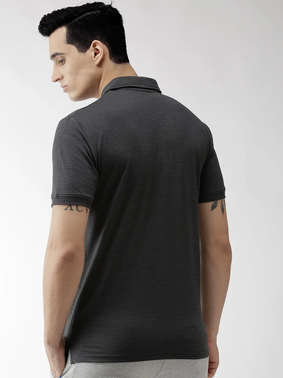 Party Ready Stylish Neckline Alcis Men Charcoal Grey Striped Polo Collar Training T-shirt