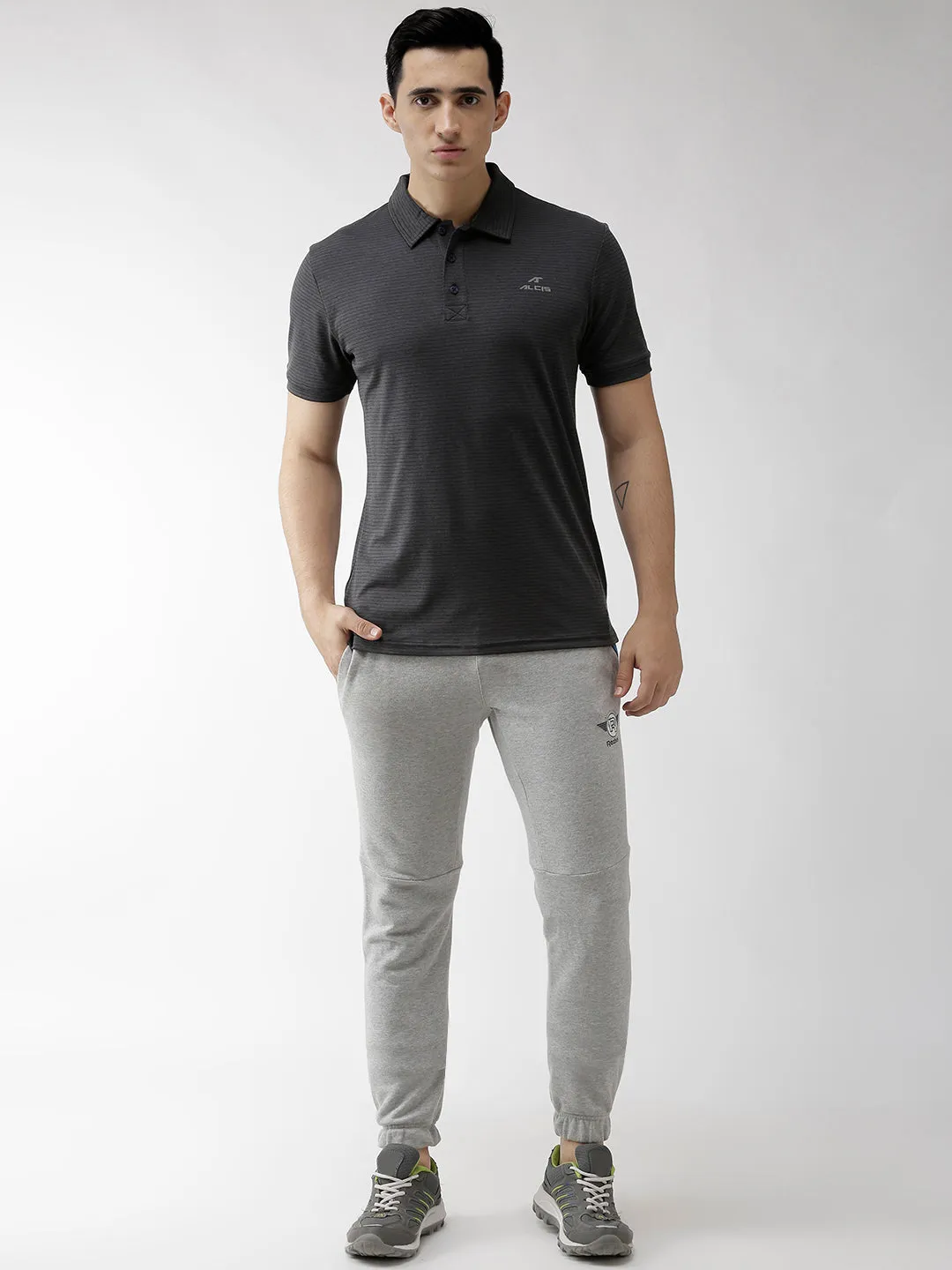 Alcis Men Charcoal Grey Striped Polo Collar Training T-shirt NonChafing Seam Placement Holiday Outfit