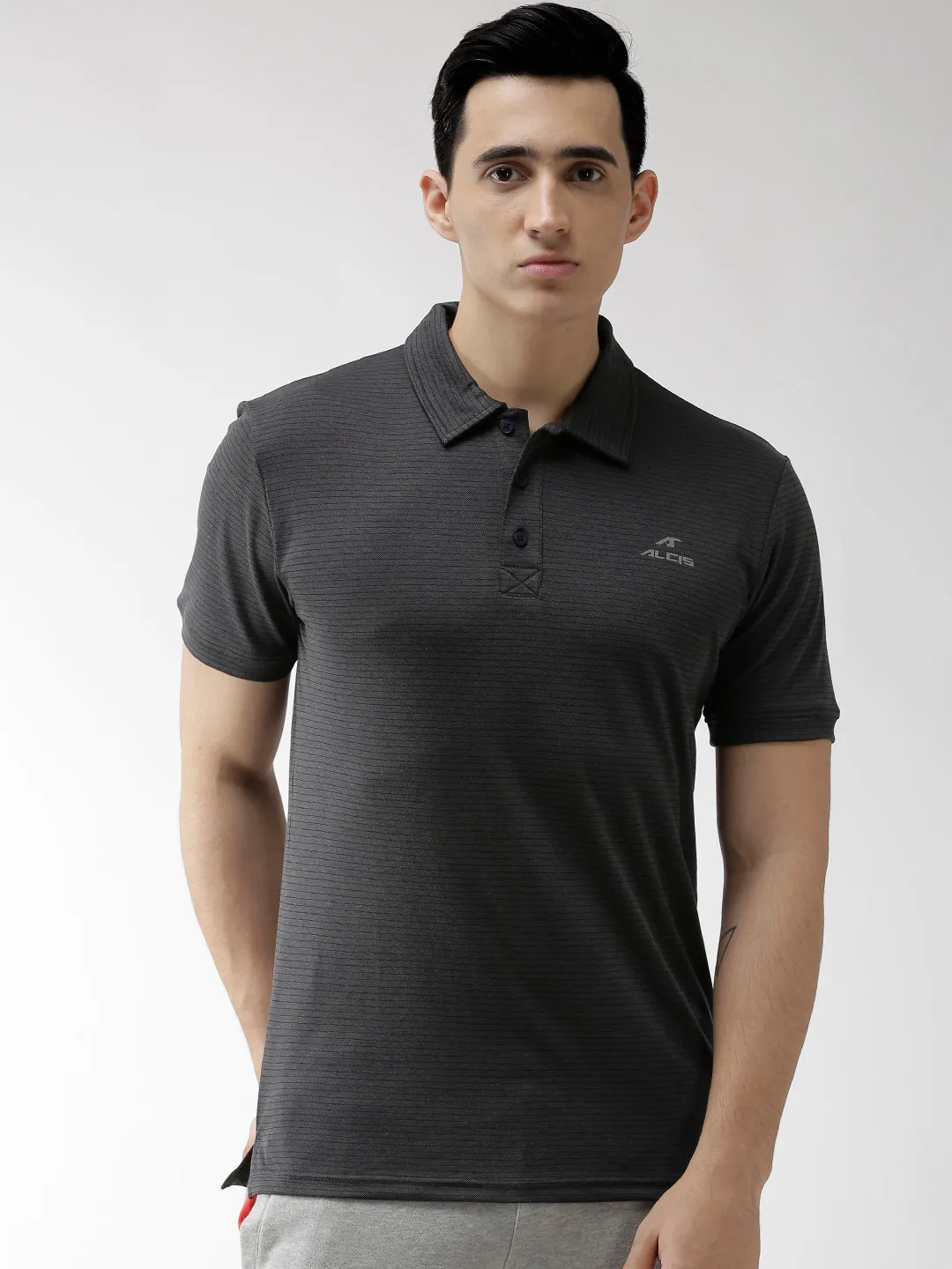 Alcis Men Charcoal Grey Striped Polo Collar Training T-shirt Layering Staple Stretch Comfort