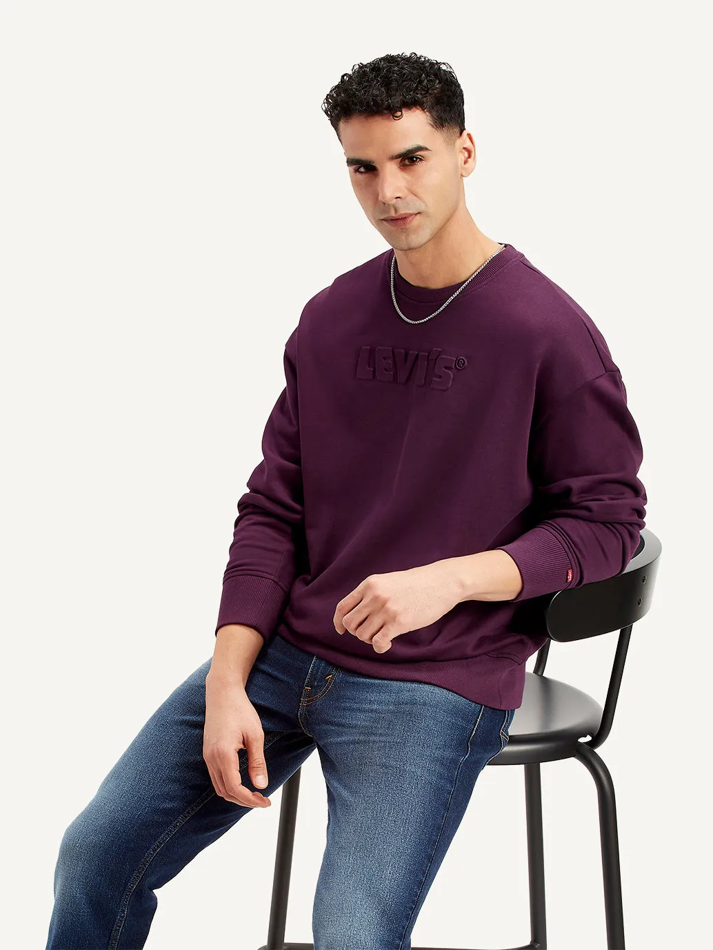 Men's Brand Logo Purple Crew Neck Sweatshirt Cozy Outfit Street Ready