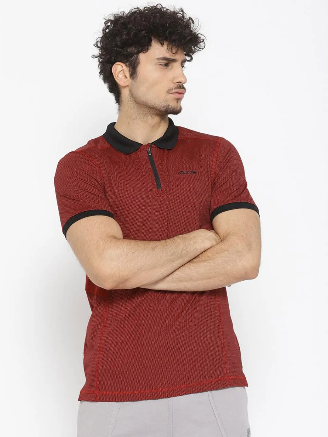 Alcis Men Maroon Self Design Polo Collar T-shirt TwoTone Fabric Blend