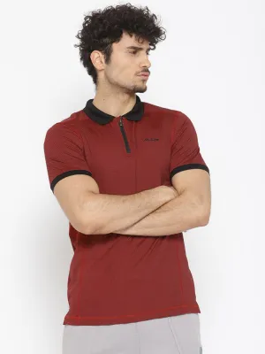 Alcis Men Maroon Self Design Polo Collar T-shirt TwoTone Fabric Blend