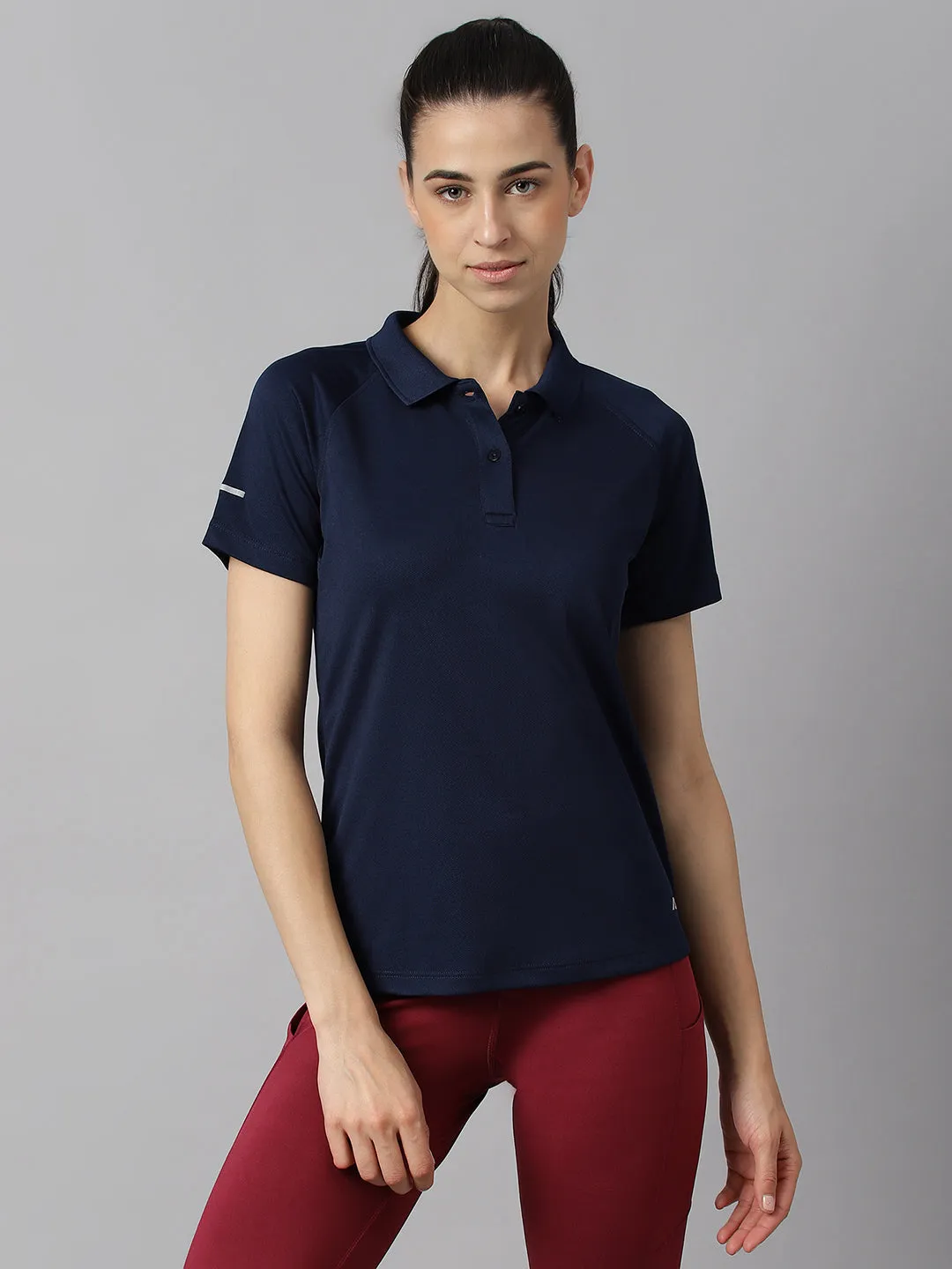 GarmentWashed Texture Alcis Women Navy Tech-Fit Anti-Static Soft-Touch Slim-Fit Training Polo T-Shirt