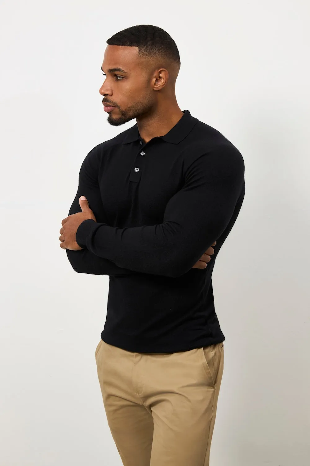 Knitted Polo Shirt in Black Brushed Interior