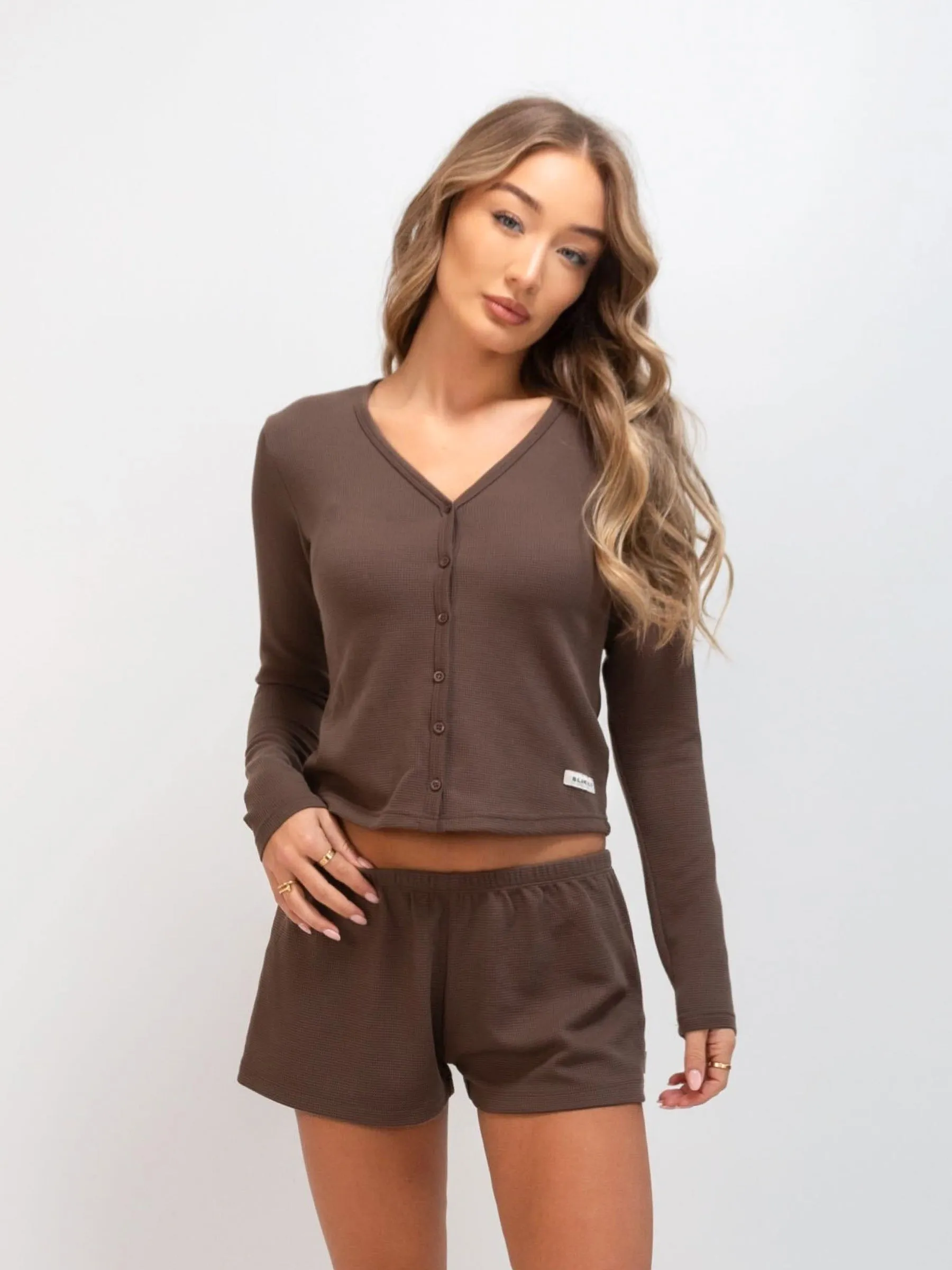 Soft Waffle Cardigan - Brown Functional Side Gussets Lightweight Weave