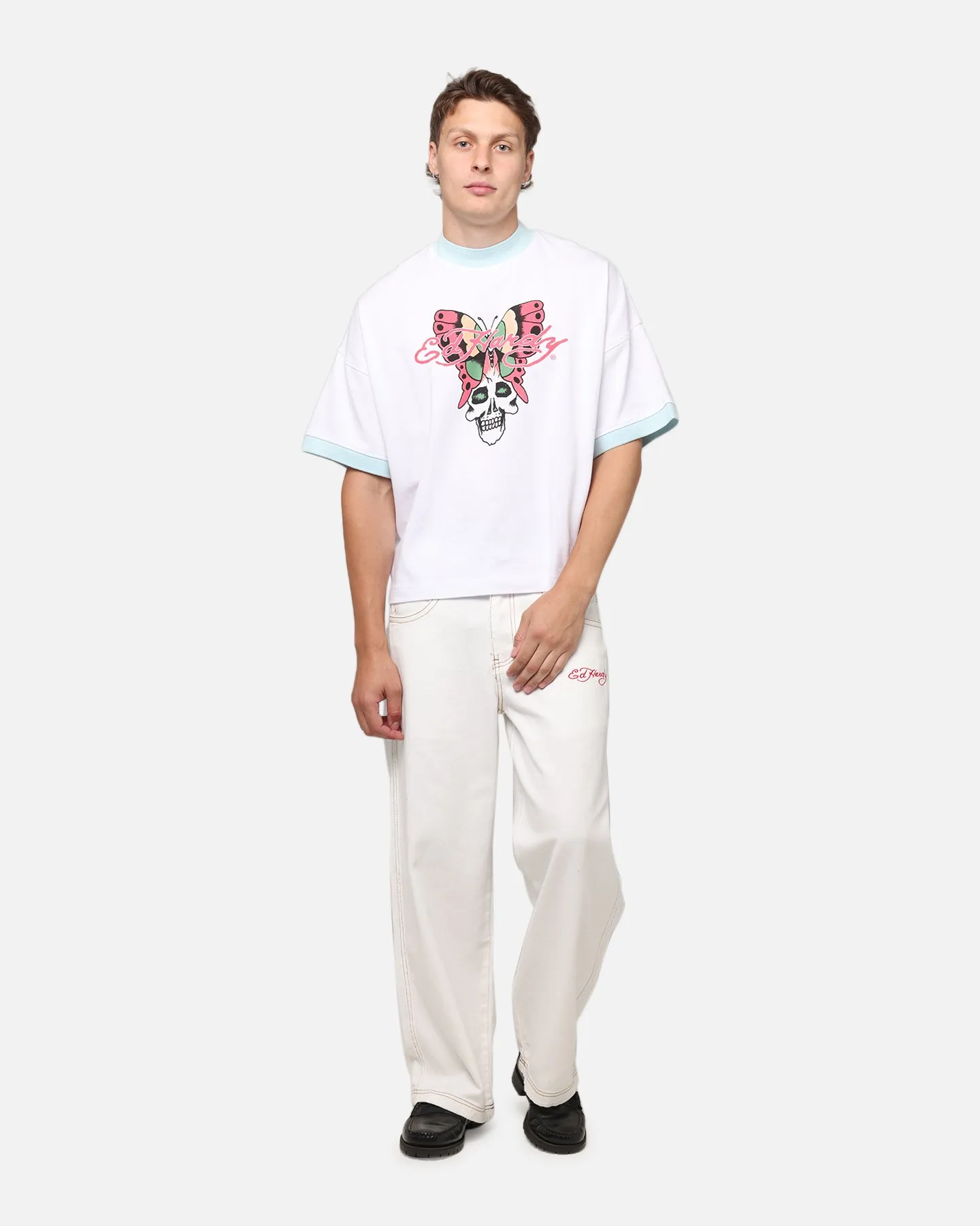 Rainy Day High Quality Street Appeal Ed Hardy Dragon Wide Leg Denim Jeans Off White