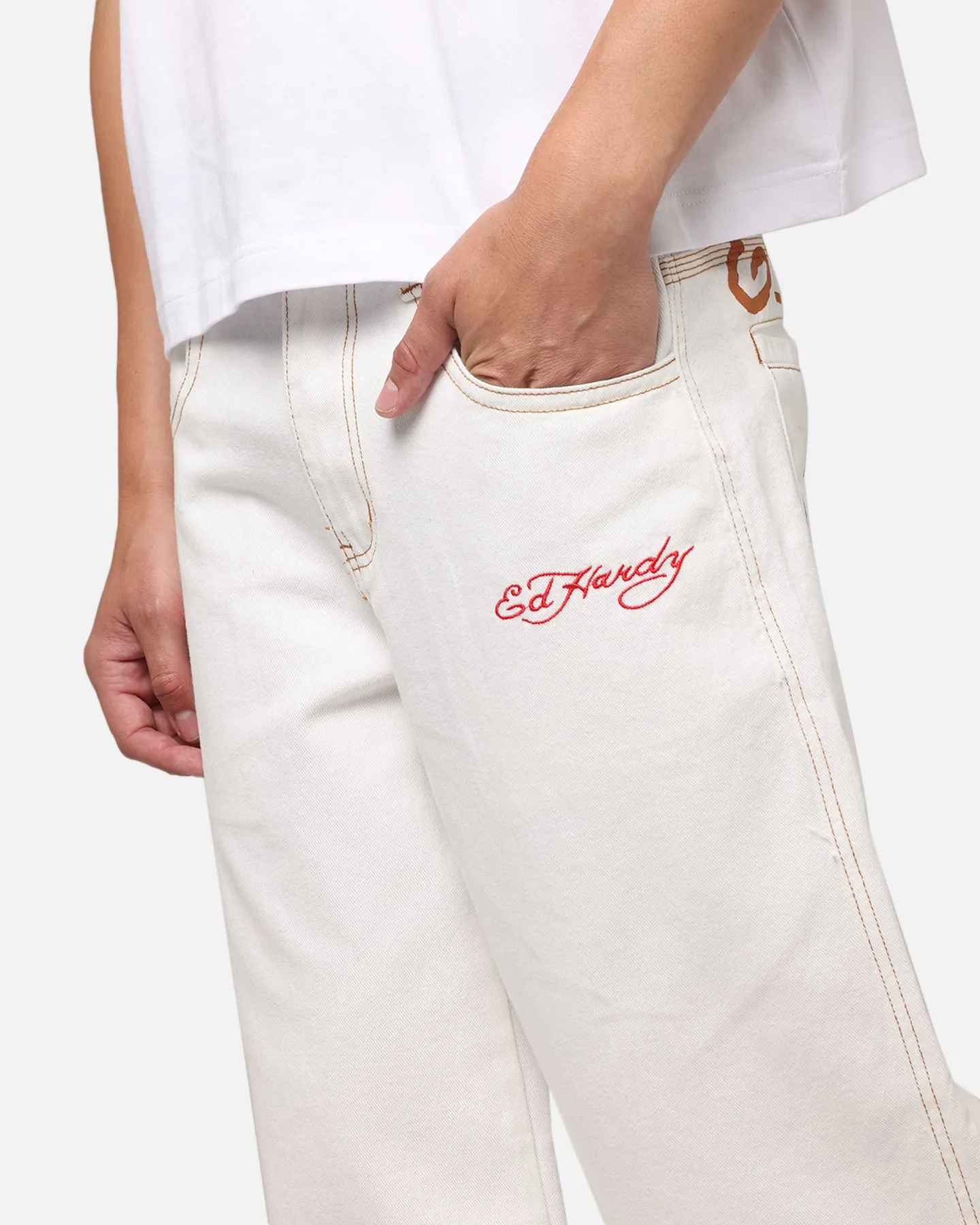 Ed Hardy Dragon Wide Leg Denim Jeans Off White Textured Family Style Autumn Days Unisex Fashion
