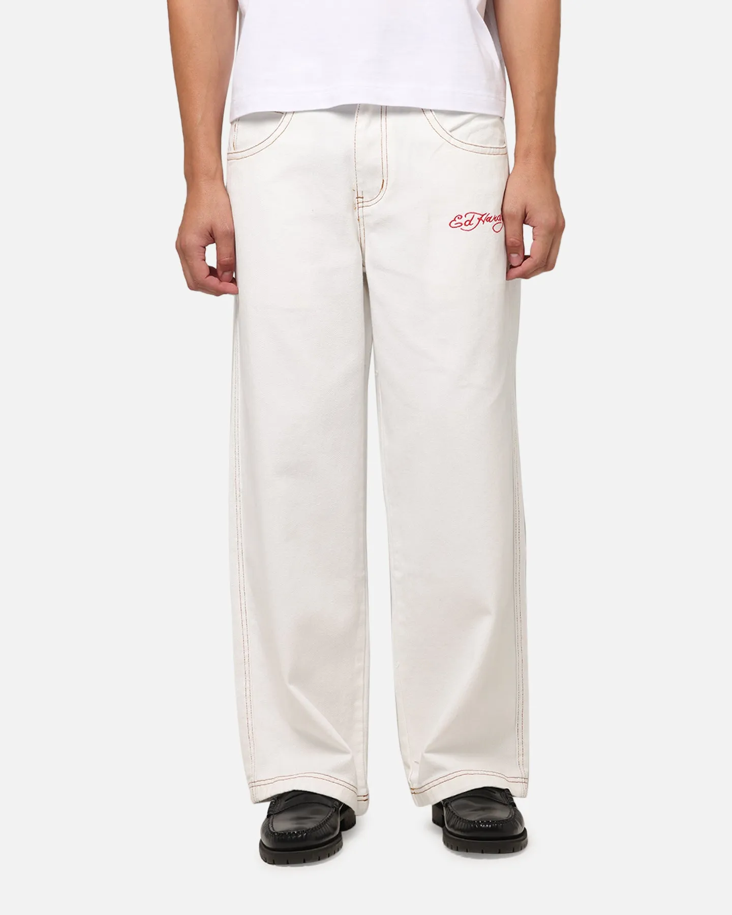 Ed Hardy Dragon Wide Leg Denim Jeans Off White Relaxed Cut Day Out Style