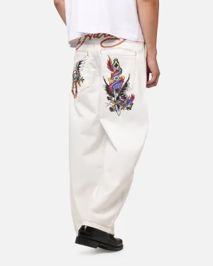 Adaptive Look Fashion Essential Ed Hardy Dragon Wide Leg Denim Jeans Off White