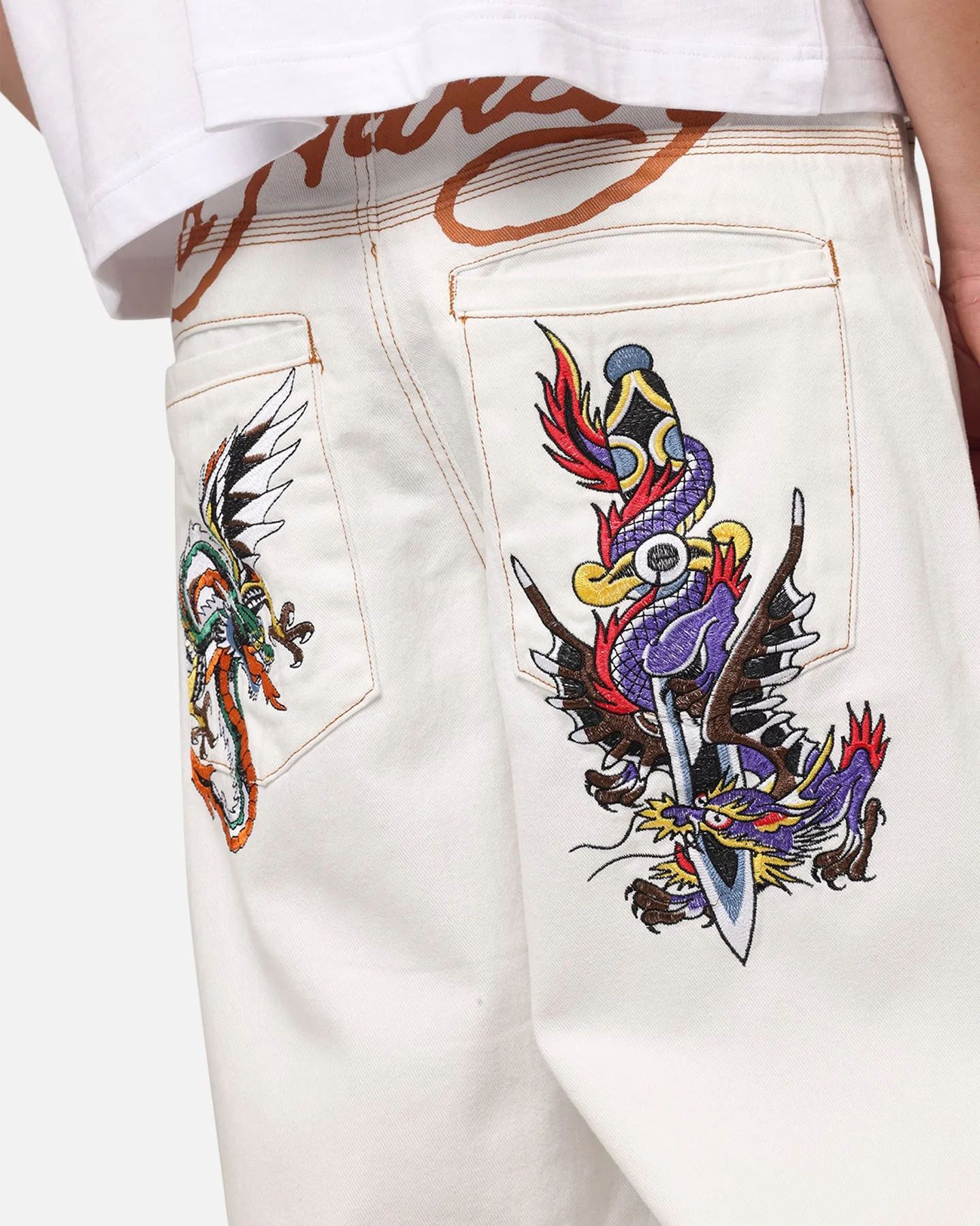 Regular Look Ed Hardy Dragon Wide Leg Denim Jeans Off White