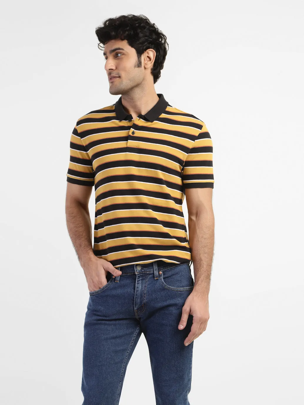 Men's Striped Polo T-shirt Garment Washed Finish Weekend Casual