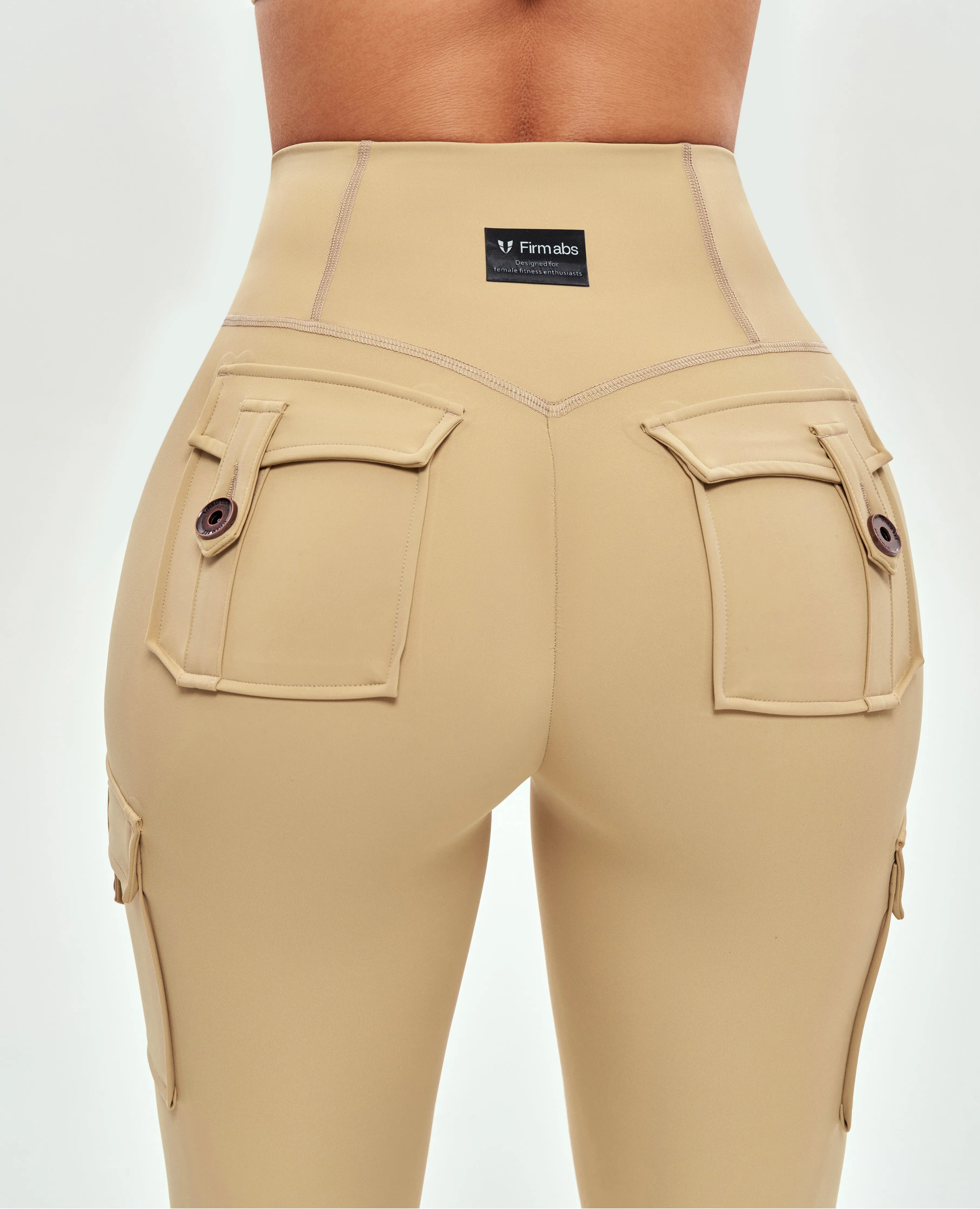 Body Sculpt High Waisted Cargo Leggings - Khaki Yellow High Function Flatlock Stitching Technique