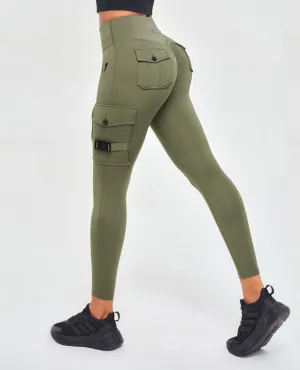 Outdoor Ready Cargo High Waisted Pocket Leggings - Olive