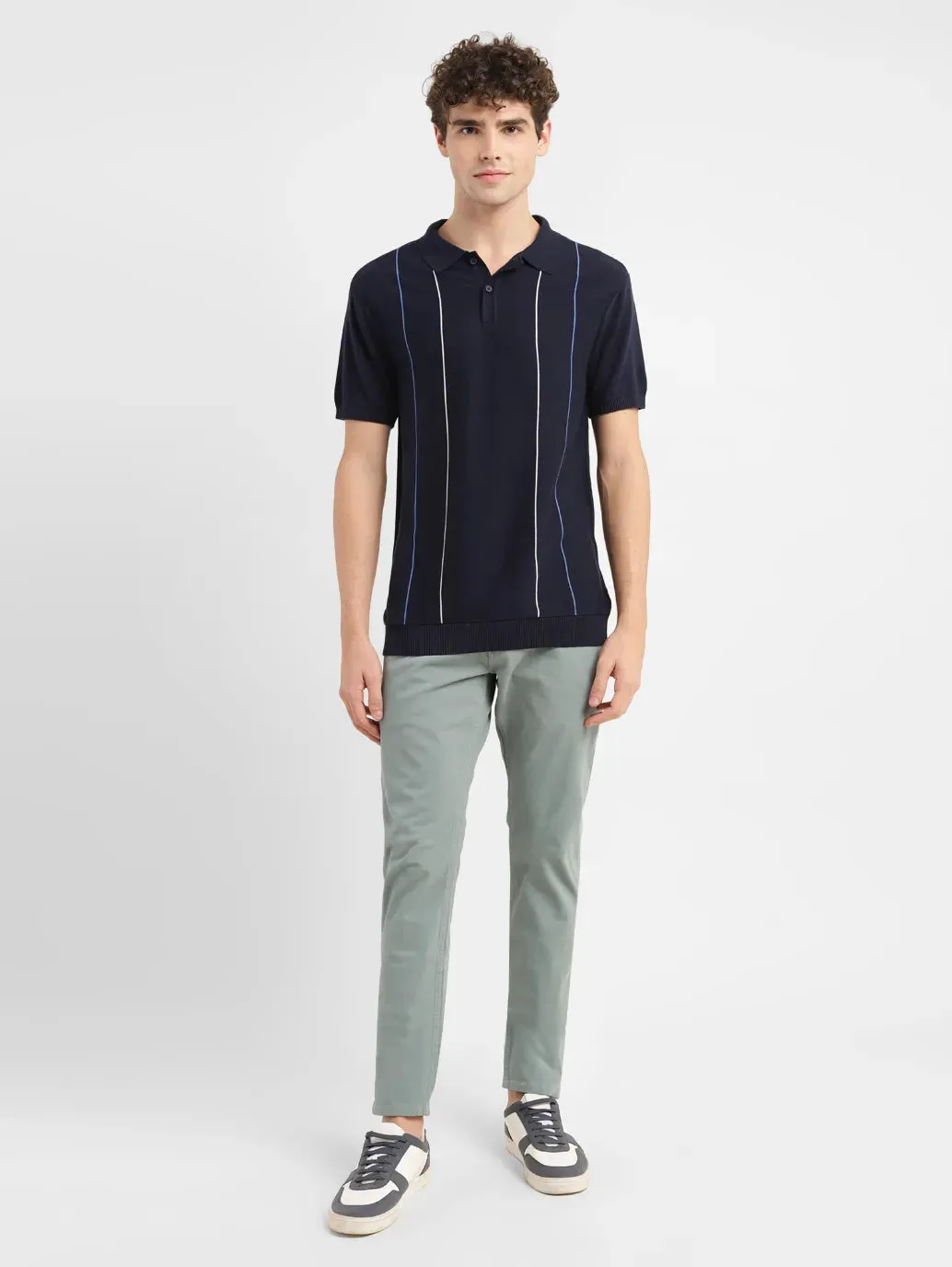 Club Event Smart Office Men's Striped Navy Polo Collar Sweater