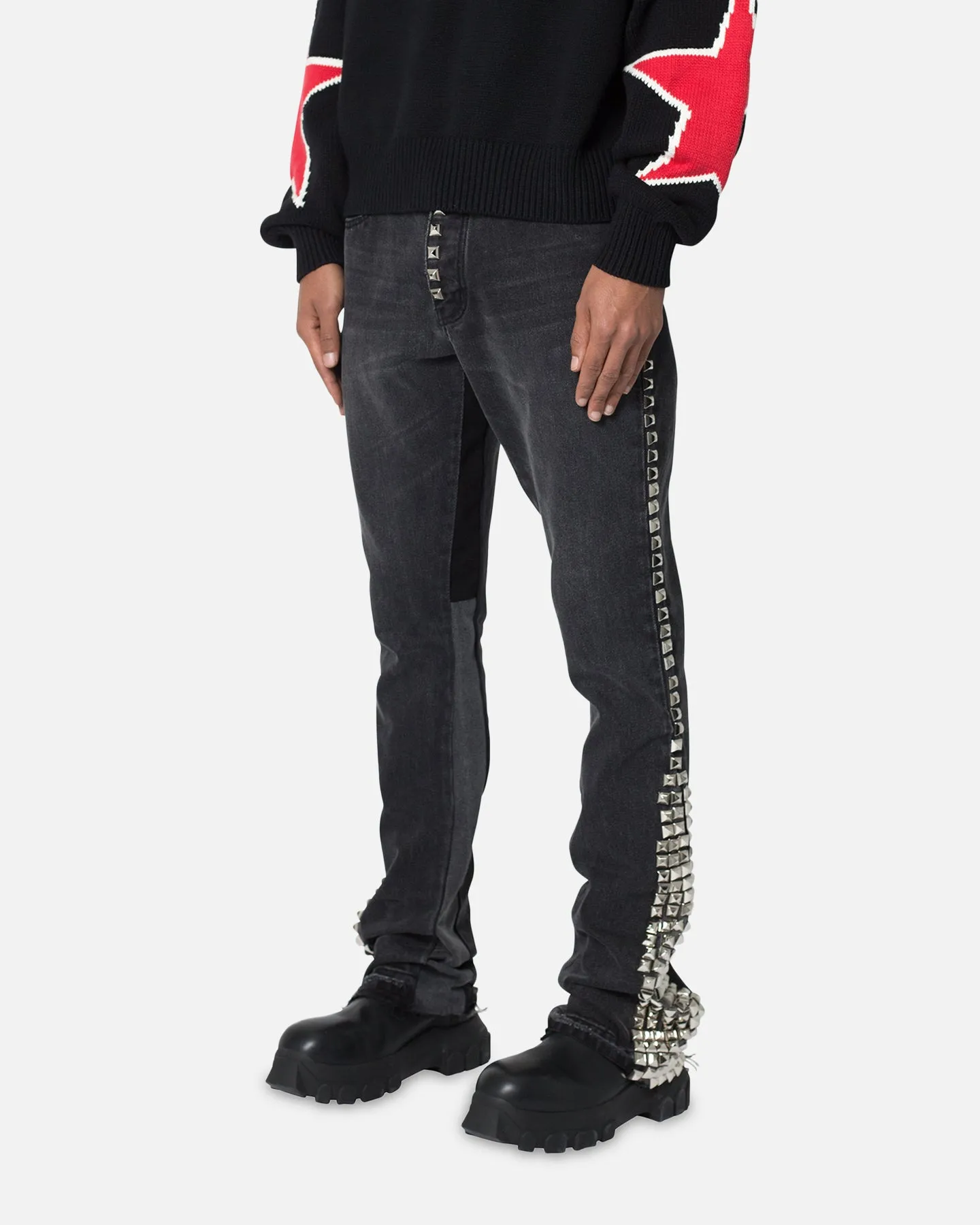 Weekend Warrior Earthy MNML B572 Studded Flare Denim Jeans Black