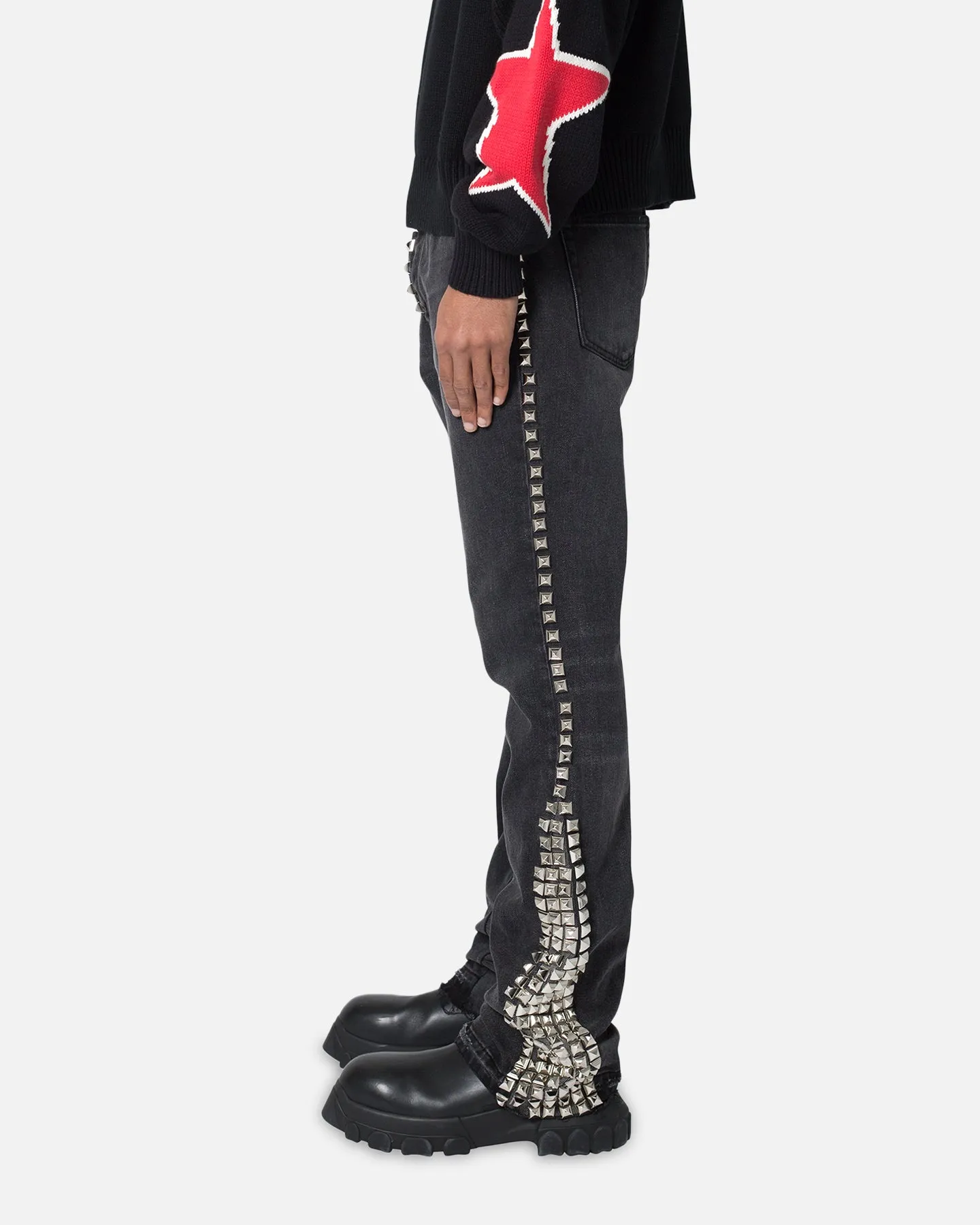 MNML B572 Studded Flare Denim Jeans Black Smart Casual Modern Rainy Day