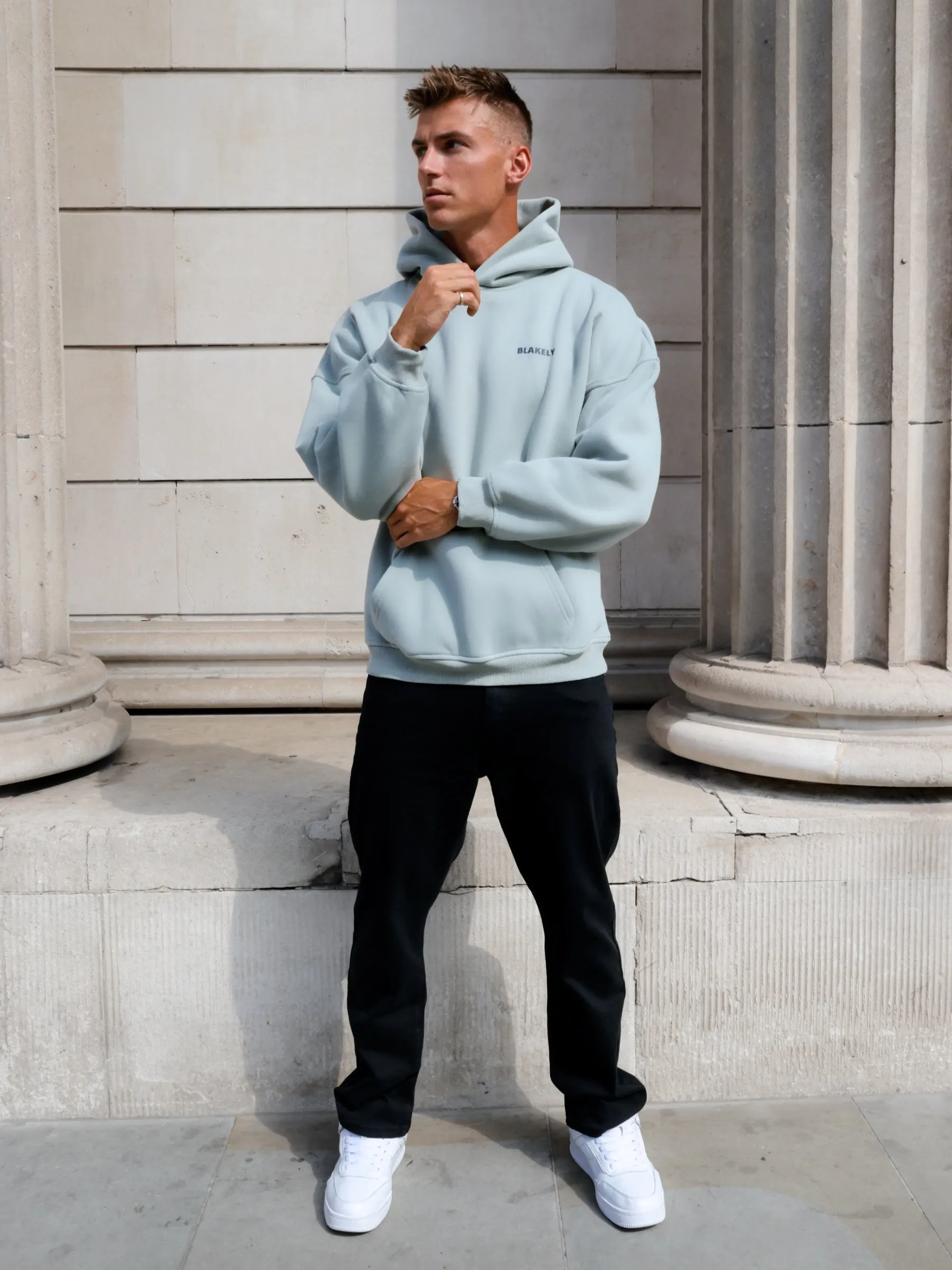 Arlo Relaxed Hoodie - Mineral Blue Logo Detail