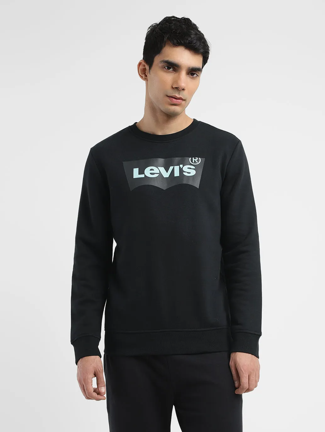 Men's Solid Black Crew Neck Sweatshirt Zippered Front