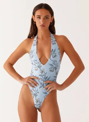 Delia One Piece Swimsuit - Blue Floral Print Moisture Wicking Fibers