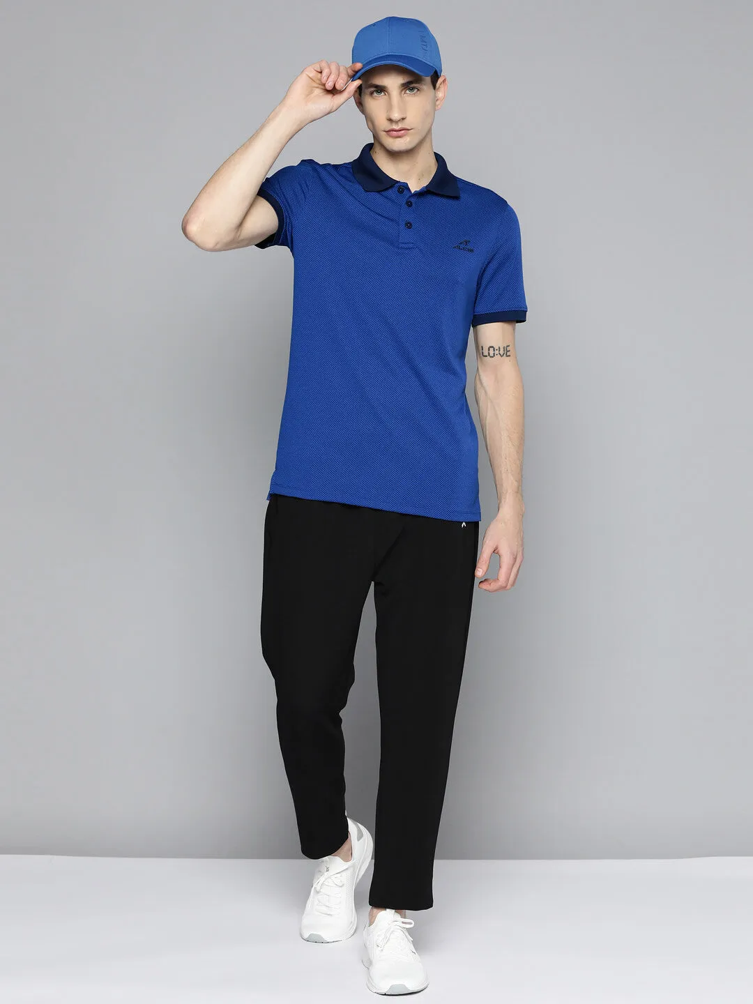 Alcis Men Blue Black Colourblocked Polo Collar Dry Tech Slim Fit Sports T-shirt DoubleLayered Hem Binding